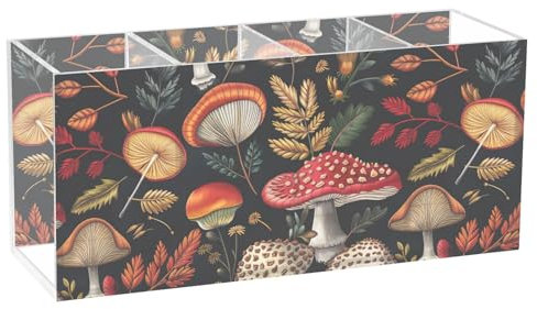 CHIFIGNO Vintage-Pilz- und Pflanzen-Bleistift-Organizer für den Schreibtisch, niedlicher Stifthalter, 4 Fächer, Haarbürsten-Organizer, Acryl-Bleistiftbehälter für Büro, Wohnheim, Badezimmer, Küche
