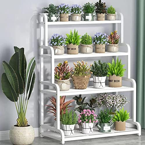 White Metal Plant Ladder Shelf, 4 Tiered Flower Stand Step Plant Stand Holder For Patio Garden Balcony Yard,Corner Planter Shelves Display Rack Storage Organizer