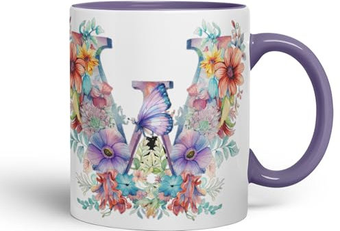 Vixar Letter W Mug, Floral Flowers Butterfly Alphabet Letter W Monogram Watercolour Ceramic Coloured Mug Cup for Tea Coffee Hot Brew 330ml 11Oz (Purple)