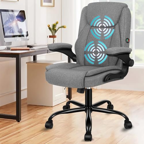 ALFORDSON Ergonomischer Massage BüRostuhl Mid Back Mit Klappbarer Armlehne, Studienstuhl Mit SGS Gas-Lift, Gaming Stuhl FüR Computer Arbeitstisch, Max Belastung 150kg, Leinenstoff, Grau