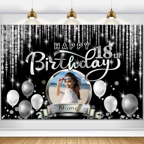 Dicodes Banner de Happy Birthday Personalizado Personalizar Decoraciones de Fiesta de Banner de Feliz Cumpleaños Foto de FotografíA con Nombre y Foto(Globo de plata negra)