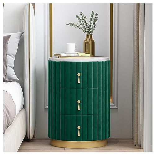 Nachttische, runder Marmortisch mit Stauraum, moderner Nachttisch mit 3 Schubladen, Beistelltisch für Wohnzimmer Schlafzimmer, Nachttisch, Marmorierter Naturstein, 43,9 x 51,8 cm, Grün