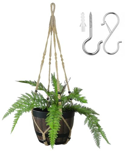Bouqlife Makramee-Pflanzenaufhänger, groß, für 35,6 cm große Töpfe, extra lang, ohne Quaste, Seil, hängender Pflanzenhalter mit Deckenhaken, Bohemian-Heimdekoration, 109 cm, Braun, 1 Stück