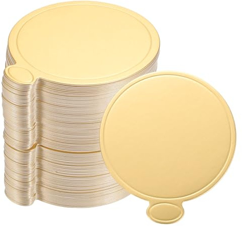 sourcing map 100pcs Mini Cake Boards, Mousse Cake Cardboards Round Cake Bases Plates Cupcake Dessert Displays Base Tray for Cupcakes, Pastries, Dessert Base - Grease Proof (Gold)