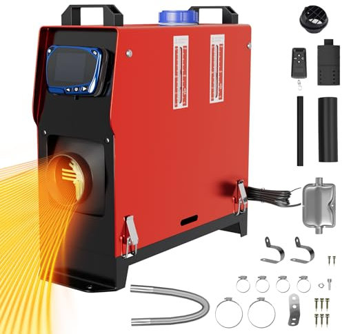 LZQ Calefactor de estacionamiento diésel, Calefactor de aire diésel, Todo en Uno 8KW 12V con control remoto, monitor LCD y silenciador para coche, RV, camión, autocaravana (Tipo A, Rojo & Negro)