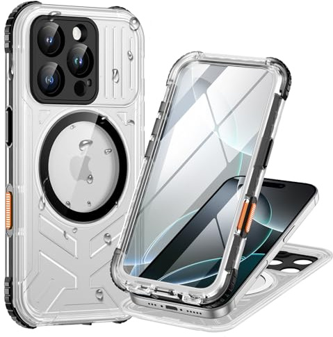 Lanhiem für iPhone 16 Pro Max Hülle IP68 Wasserdicht 360 Grad Outdoor | Schwarz Transparent,Wasserfest Schutzhülle,Waterproof,Handyhülle mit Displayschutz,Stoßfest,Kompatibel mit Magsafe,Baustelle