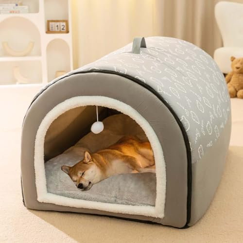 2-in-1-Hundehütte, großes Hundebett mit Anti-Angstzuständen, weiches, warmes Kissen, faltbar, beruhigende Hundehütte, rutschfest, warm, Haustier-Iglu-Bett für Hunde und Katzen, abnehmbar, waschbar