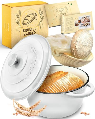KRUSTENZAUBER Gusseisen Topf Brot backen emailliert inkl. Gärkorb - 26cm Emaille-Topf samt Zubehör - Ideal als Brotbacktopf, Brottopf, Brotbackform mit Deckel, Gusseisentopf Brotbacken, Schmortopf