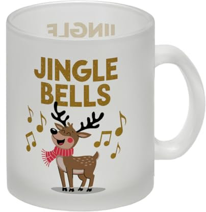 Rentier mit rotem Schal - JINGLE BELLS Glas Tasse illustration mit rotem Schal goldenen Musiknoten Festliche Kaffeetasse für weihnachtliche Stimmung