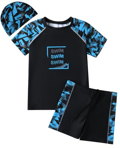 Hotfiary Costume de Bain pour Garçon, Maillot de Bain & Maillot de Bain à Manches Courtes et Bonnet de Bain, Ensemble de Maillot de Bain Deux Pièces avec T-Shirt Court, Maillot de Bain D'été