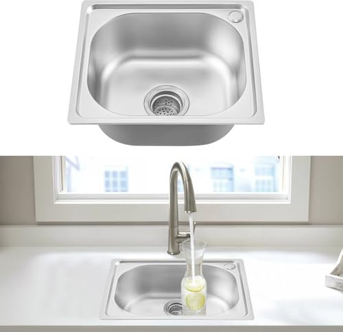 CROWNSHOP Kitchen Sink 420 * 370 * 190MM Stainless Steel Undermount Sink Square Inset Single Bowl with Drainer Waste for Kitchen Utility Room Bar