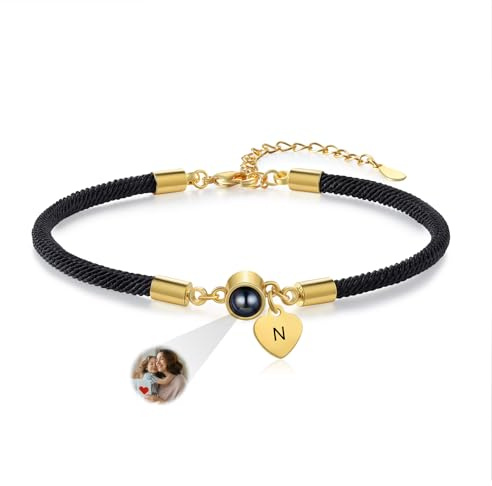 lorajewel Personalisierte Armbänder mit Foto Initialen Armband mit Bild für Herren Damen Paar Geschenk für Vatertag Weihnachten Valentinstag
