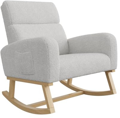 Lazyspace Schaukelstuhl Sessel Relaxsessel Schwingsessel Wohnzimmersessel, Holzsockel Schaukelsessel Mit geräuschlosem Anti Rutsch Aufkleber, 2 Seitentaschen, Lammwolle, Hellgrau, 78 x 69 x 87 cm
