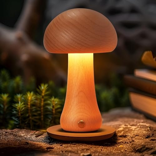 Schindora Holz Pilze LED Nachttischlampe Nachtlicht Holz,USB Kabellos nachtlicht kinder Baby Nachttisch Lampe,3W Stufenlose Dimmerung,Niedlich Deko Tischlampe For Wohnzimmer Schlafzimmer