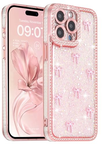 FABSPARK Clear Case for iPhone 12 Pro Max,Glitter 3D Bow,Pink/Pink Bow