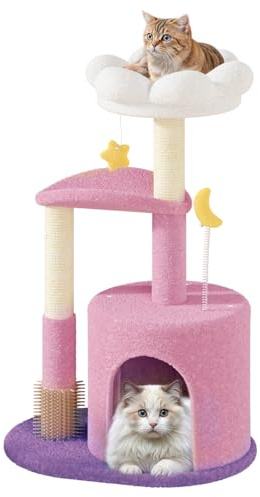 Athena Collection Small Cat Tree Condo with Sisal Scratching Post, 33 Inch Modern Cute Flower Cat Tree Tower with Cozy Perch Toy Ball for Indoor, Kittens, Purple