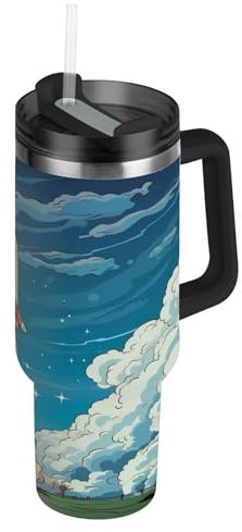 Cute Wild Field Rocket Water Bottle with Straw Insulated Sport Vacuum Cup Stainless Steel Car Jug