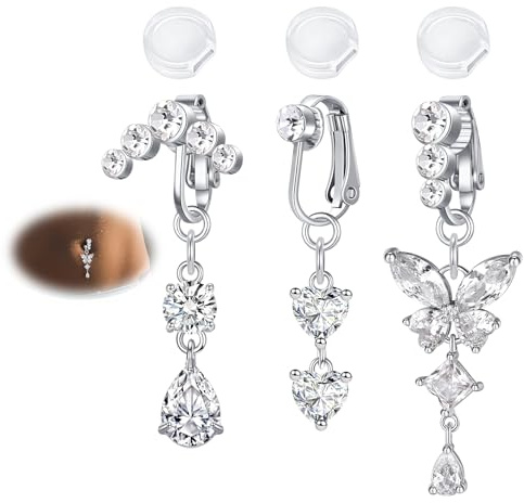 AVYRING Lot de 3 faux anneaux de nombril à clipser, bijoux de ventre réglables sans piercing pour femme, papillon, cœur avec CZ, acier inoxydable argenté/doré