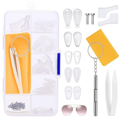 Glasses Repair Kit – All-in-One Glasses Repair Kit with Screws, Screwdriver, 25 Silicone Nose Pads, Tweezers, Ear Hooks & Cloth – Glasses Repair Kit for Eyeglasses, Sunglasses & Watches