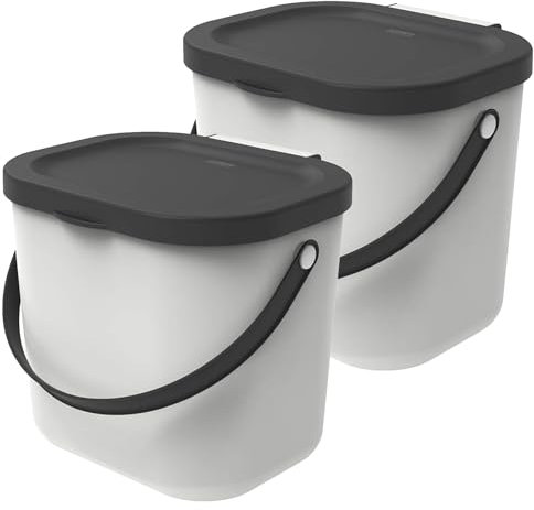 Rotho Albula 2er-Set Biomülleimer 6l mit Deckel und Henkel für die Küche, Kunststoff (PP) BPA-frei, Weiss/anthrazit, 6l (23,5 x 20,0 x 20,8 cm)