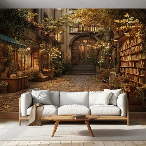 Générique Papier Peint Panoramique Bibliothèque Rétro, Papier Peint Chemin Bibliothèque Fond pour Chambre Wallpaper, Fresque Murale pour Salon Salle Deco Murale, 300x210cm D&O27