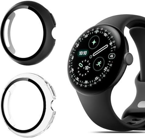QULLOO Schutzhülle für Google Pixel Watch 4 41mm Displayschutz,Voller Schutz Hülle, PC Hard Schutzfolie Case Cover mit Displayschutzfolie - Schwarz + Transparent