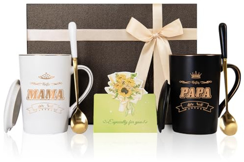 BeBeiZi Mama und Papa Tassen Set – Beste Mama & Papa der Welt Kaffeetassen mit Deckel, Löffel & Geschenkbox, Geschenk zum Geburtstag oder Weihnachten