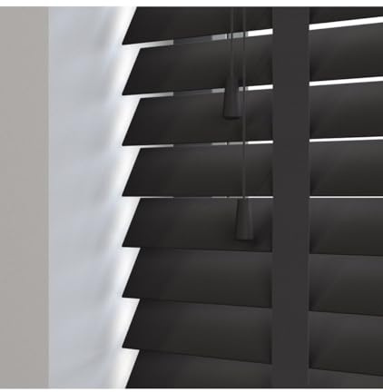 50mm Slat Black Real Wood Venetian Blind With Tapes 120cm Drop, 75cm | Black real wood Venetian blind with Tapes. 50mm slats. 75cm width x 120cm drop. Stylish and durable finish.
