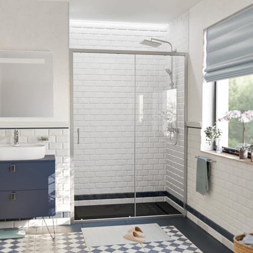 CERAMIA Pura Porte de Douche 140x195 cm Coulissante | Verre trempé 6 mm anticalcaire | Profiles Chrome Brillant | Installation facile
