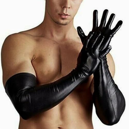 Opatiny Herren Kunstleder Lange Handschuhe Wetlook Latex Stil Abend Party Club Oper Kostüm Events Schwarz 52cm Länge