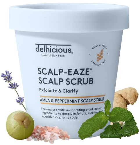 Delhicious Scalp-Eaze Scalp Scrub and Exfoliator, 175g | Gentle Scalp Cleanser with Amla and Peppermint for Dry, Itchy Scalp and Flakiness. Vegan Ayurvedic Hair Care