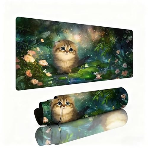 Gaming Mauspad XXL 700x400x3mm Mauspad Nacht Schreibtischunterlage Kätzchen Mousepad Mittlerer Reibunggenauigkeit und Geschwindigkeit Verbessern, Wasserdicht Rutschfeste Gummibasis für PC Gamer W1-184