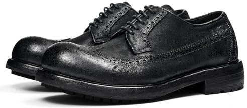 Santimon Men's Handmade Wingtip Brogue Oxfords Dress Shoes,Full Grain Horsehide Leather, Goodyear Welted, Rubber Lug Sole Square-Toe Derby for Business Casual Prom Wedding Black 12 US