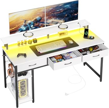 Seventable Schreibtisch mit Schubladen, Computertisch mit Steckdosen & LED, Gaming Tisch mit Monitorständer, Regal & 2 Haken, Gaming Schreibtisch für Büro, Wohnzimmer (Weiß, 100 cm)