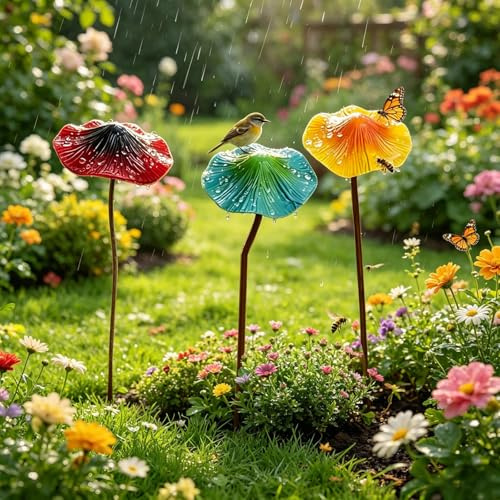 Huicare Gartendeko für Draußen Wetterfest 3 Stück Bunte Pilz Deko, Gartenstecker Rost Elfen Figuren Garten Töpfe Dekoration für Hof, Blumenbeet und Rasen (3)