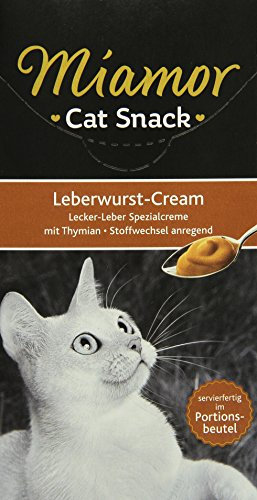 MIAMOR - Cat Snack (Cream) | Snack zum Verwöhnen ausgewachsener Katzen. Ergänzungsfutter im Portionsbeutel ohne Zucker und künstliche Zusätze | 11x6x15g Leberwurst-Cream