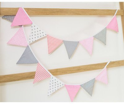 KraftKids Stoff-Wimpelkette rosa grau weiss, handgemachte Wimpel-Girlande aus Baumwolle