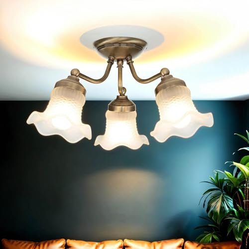 Licht-Erlebnisse Premium Deckenleuchte Messing Glas in Bronze Weiß Flur Wohnzimmer H:23 cm E14 3-flmg blendarm wohnlich Florale Deckenlampe Esstisch