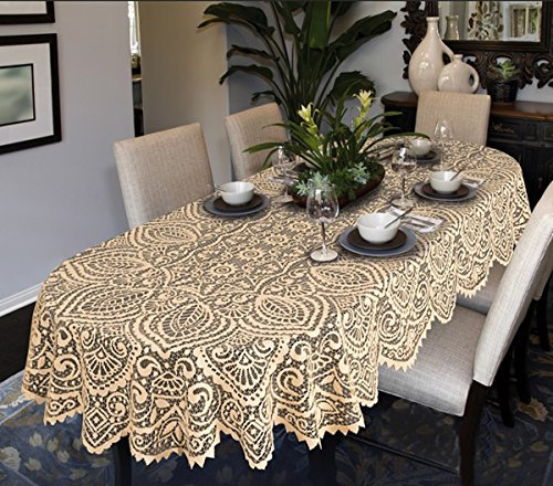 MforStyle Große Tischdecke mit Spitze, oval oder rund, Weiß oder Beige, hochwertig, beige, 140cm x 240cm (55 x 95) Oval
