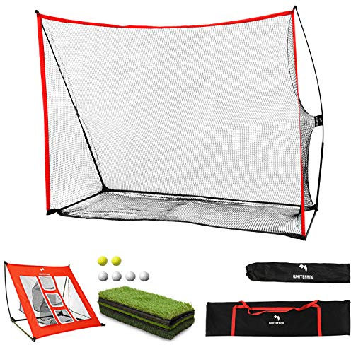 WhiteFang Golfnetz, 4-in-1-Golfübungsset, 3 x 2,1 m, inklusive Golfmaschipping-Netz, Golfschlägermatte, Golfbälle mit tragbarer Tragetasche für Hinterhof, Indoor/Outdoor, 4 in 1 Upgrade