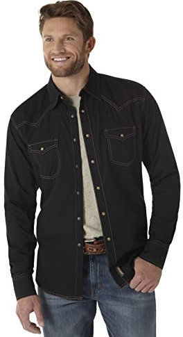 Wrangler Men's Retro Two Pocket Long Sleeve Snap Shirt, Black, Medium
