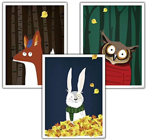 Close Up Kinderzimmer Poster Wald, 3er-Set (30 x 40 cm | 11,8x15,7) Babyzimmer Deko Bilder, Tiere Kunstdruck - Fuchs, Hase & Eule