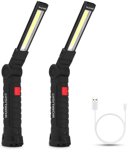 COB LED Work Light, Size L, USB Rechargeable Torch with Magnetic Base, 360°Rotate and 5 Lighting Modes Portable Inspection Work Light Handy Flashlight, 2 Pack