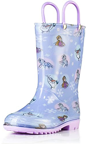 Disney Frozen 2 Girls Anna, Elsa and Olaf Purple PVC Waterproof Licensed Rain Boots Easy-On Handles - Size 8 Toddler