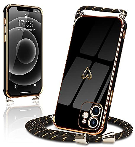 Micoden Handykette kompatibel mit iPhone 11 Hülle Ultra dünn Kameraschutz Herz Love Design Galvanik TPU Silikon Bumper Kordel zum Umhängen Handyhülle mit Band Schutzhülle,Schwarz