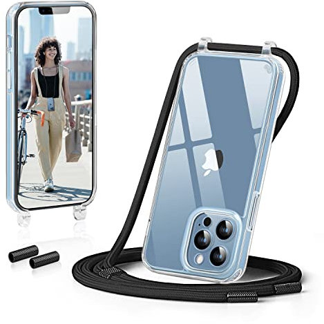 GOODVISH Handykette Kompatibel mit Apple iPhone 13 Pro 6,1 Zoll Display, Necklace Hülle mit Band Handyhülle für zum Umhängen, Transparent Case mit Schnur Kameraschutz und Bildschirmschutz, Schwarz
