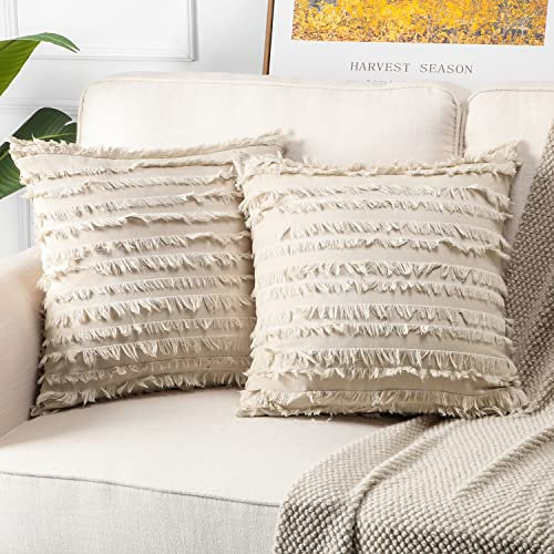 Soleebee 2er Set Baumwolle Kissenbezüge, Retro Quaste Dekorativ Boho Kissenbezug Sofa Zierkissenbezüge Dekokissen Kissenhülle Set für Couch Bett Schlafzimmer Zuhause Auto Dekor (Beige, 50x50cm)