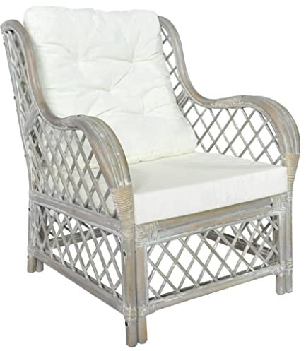 vidaXL Sessel mit Kissen Relaxsessel Rattansessel Relaxstuhl Loungesessel Armsessel Ohrensessel Sofa Wohnzimmer Grau Natur-Rattan Leinen
