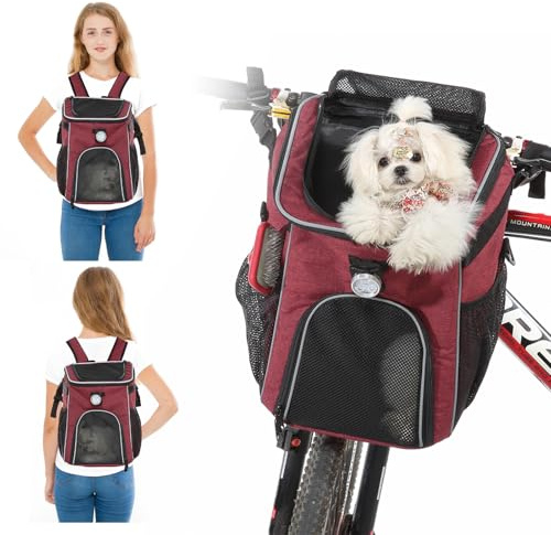 PETCUTE Haustier Fahrradtasche für Hunde Katzen,Faltbarer Hundekorb Fahrrad Vorne mit Seitentaschen,Atmungsaktiv Fahrradkorb Vorne für Kleine Mittlere Hunde mit Reflektierende Bänder und Licht