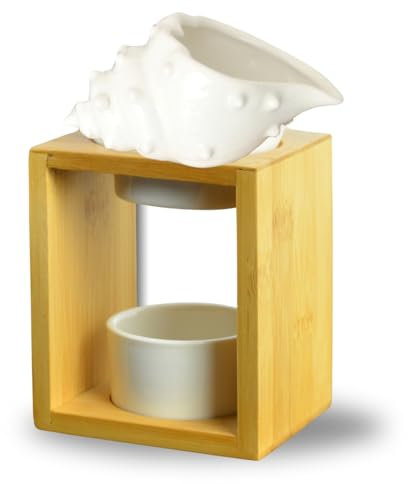 Zen'Arôme Brûle Parfum Shell - Brûleur Fondant Cire Parfumée – Diffuseur Huile Essentielle et d’Ambiance Bougeoir Aromathérapie Porte Bougie Céramique Décoratif Hauteur: 12 cm Zen’Arôme Blanc + Bois